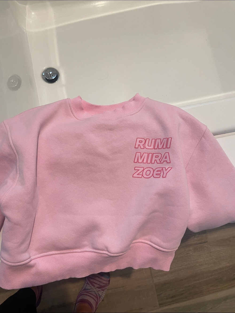 Zara Pink Crewneck Sweatshirt with Rumi Mira Zoey Text